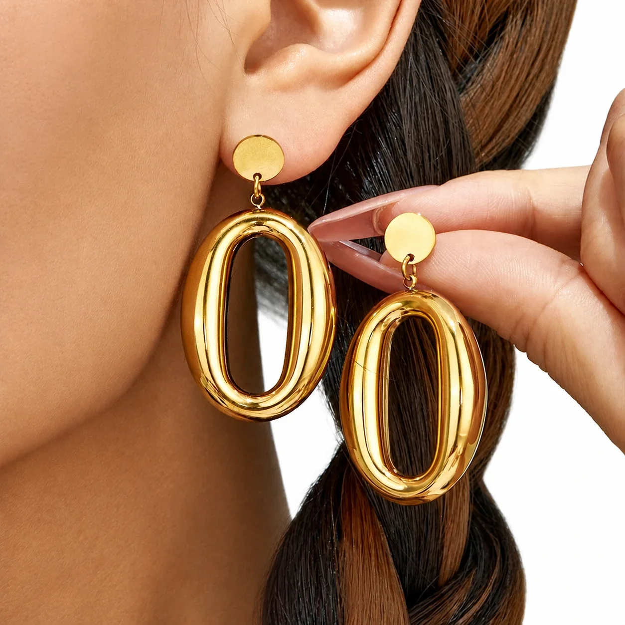 Sculptural Gold PVD Round Stud Oval Dome Drop Earrings