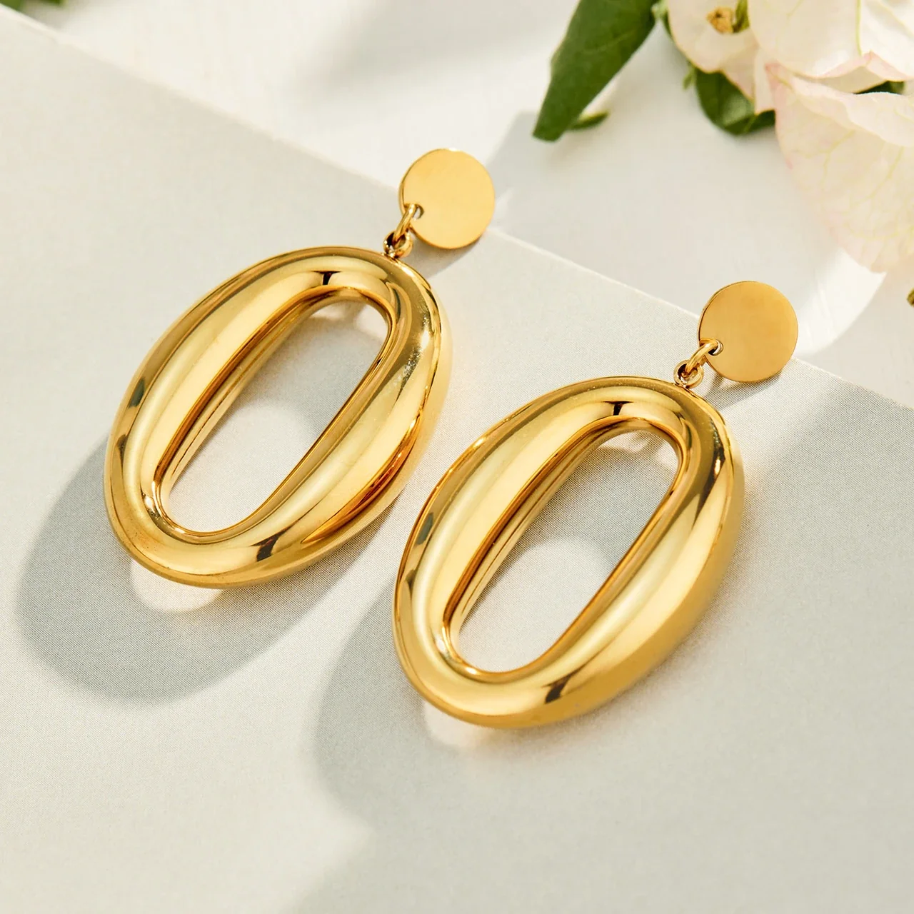 Sculptural Gold PVD Round Stud Oval Dome Drop Earrings