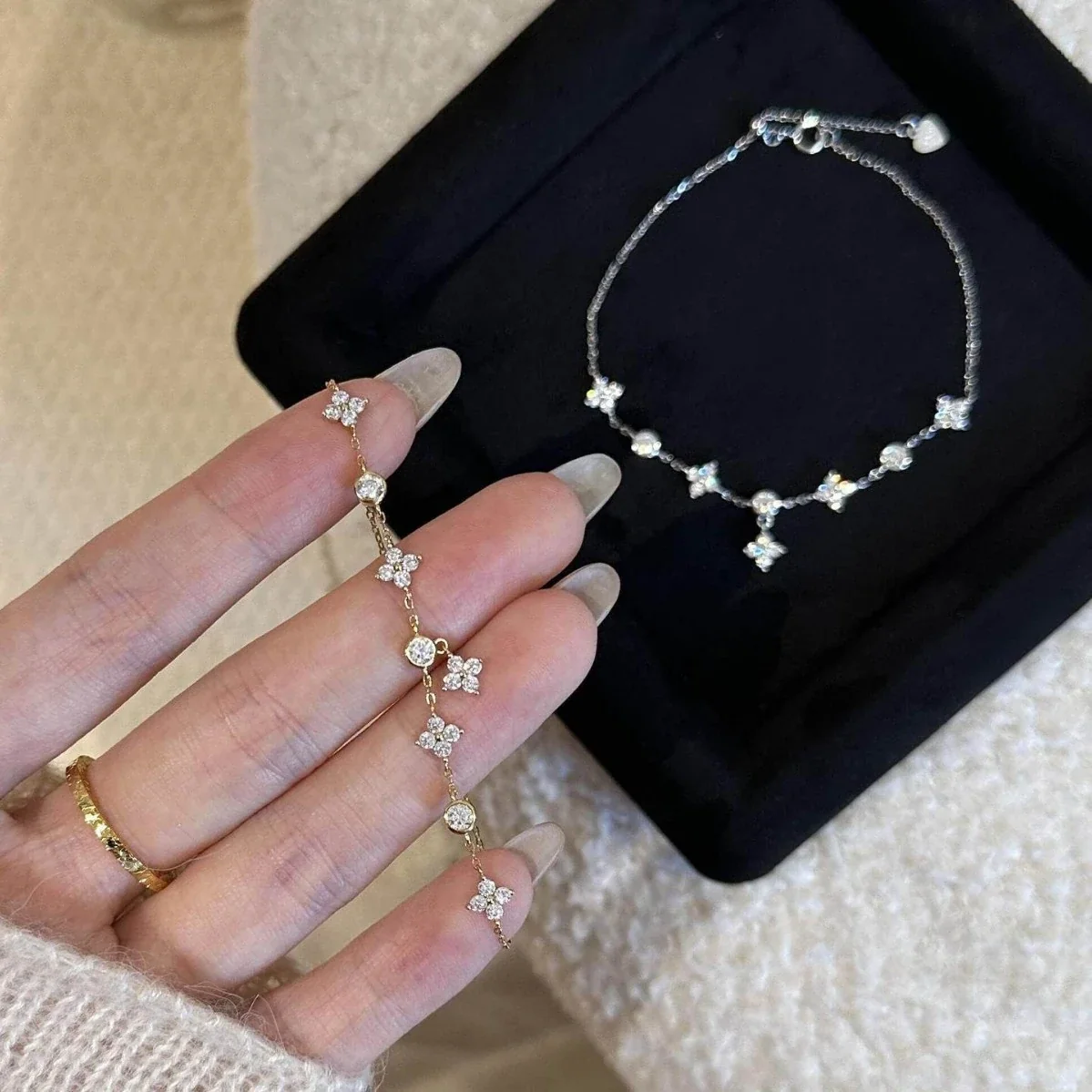 Dainty 925 Sterling Silver Clover Bezel Chain Bracelet