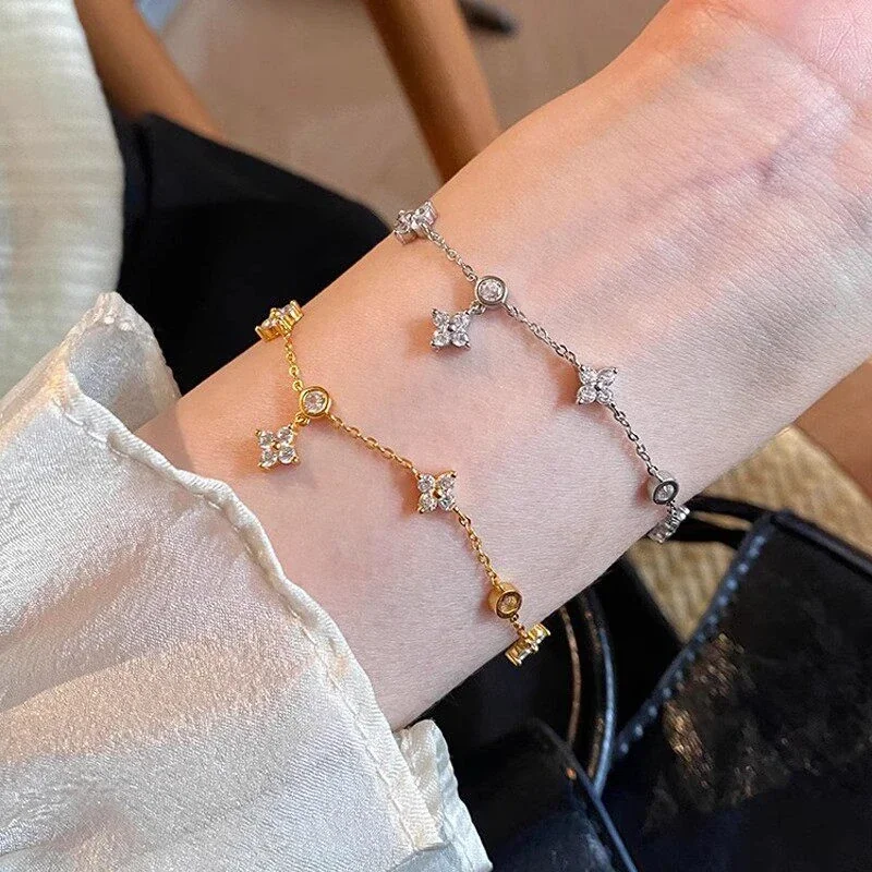 Dainty 925 Sterling Silver Clover Bezel Chain Bracelet