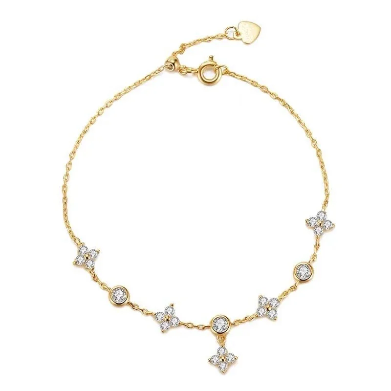 Dainty 925 Sterling Silver Clover Bezel Chain Bracelet - Gold