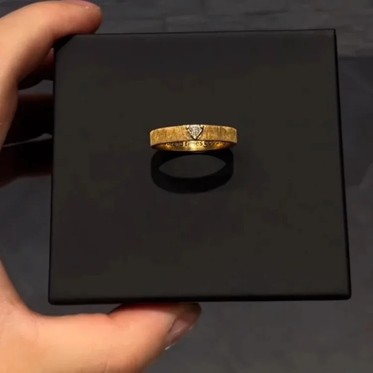 Vintage Brushed Gold-Plated Triangle CZ Copper Ring