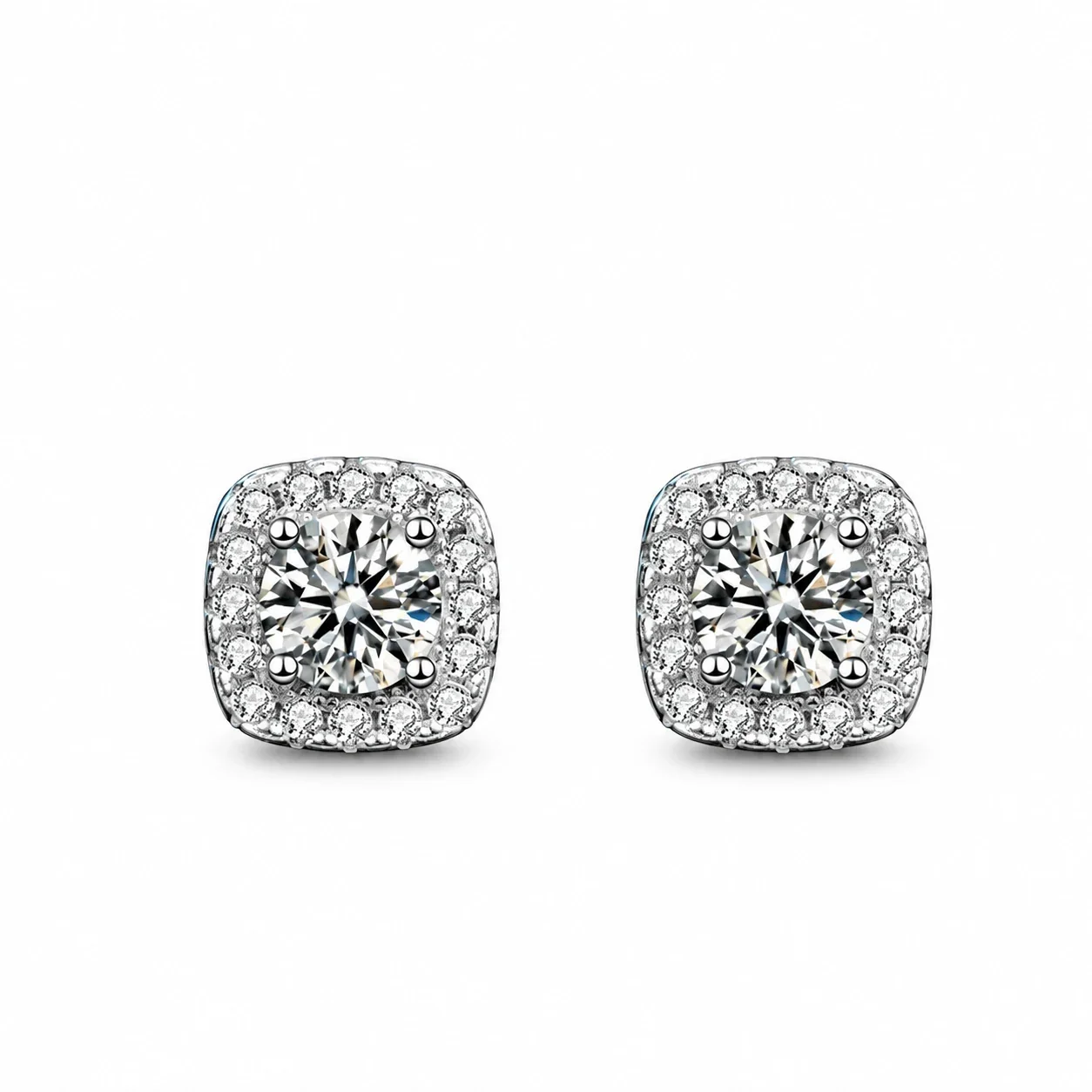 Cushion Halo Four-Prong 925 Sterling Silver Stud Earrings
