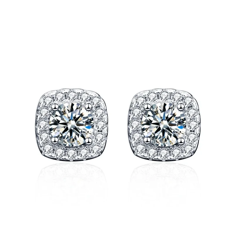 Cushion Halo Four-Prong 925 Sterling Silver Stud Earrings - Silver