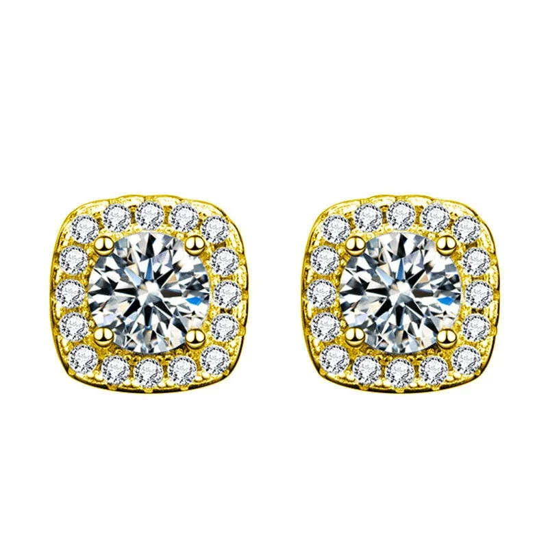 Cushion Halo Four-Prong 925 Sterling Silver Stud Earrings - Gold
