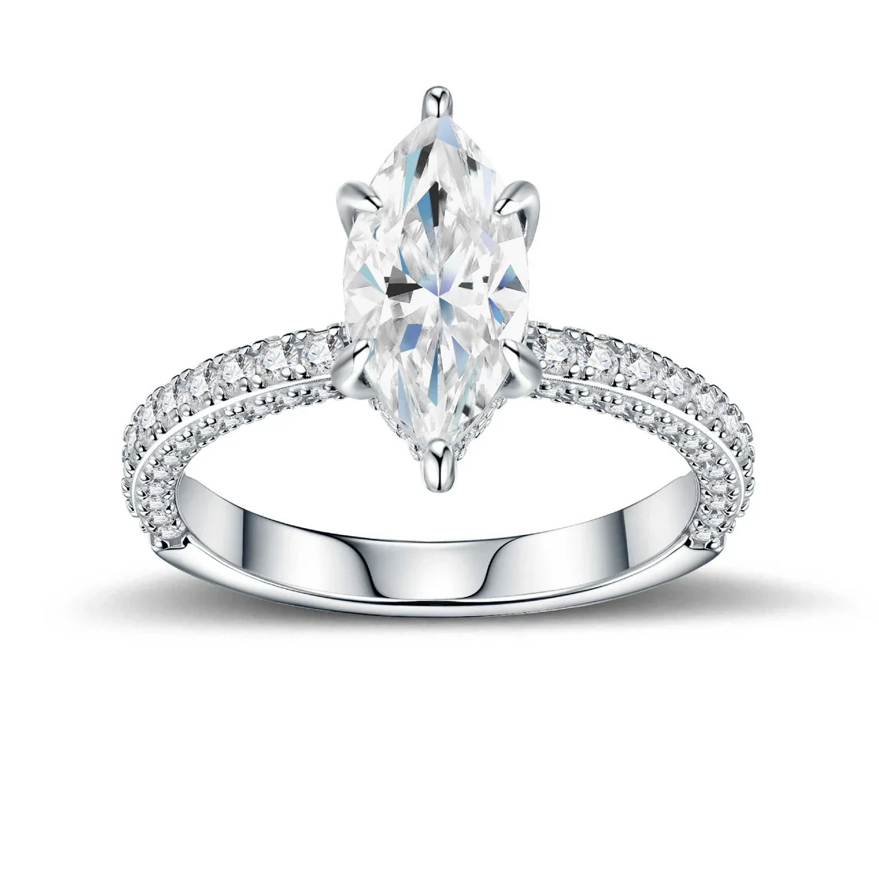 Radiant Marquise Six-Prong Pavé 925 Sterling Silver Moissanite Ring