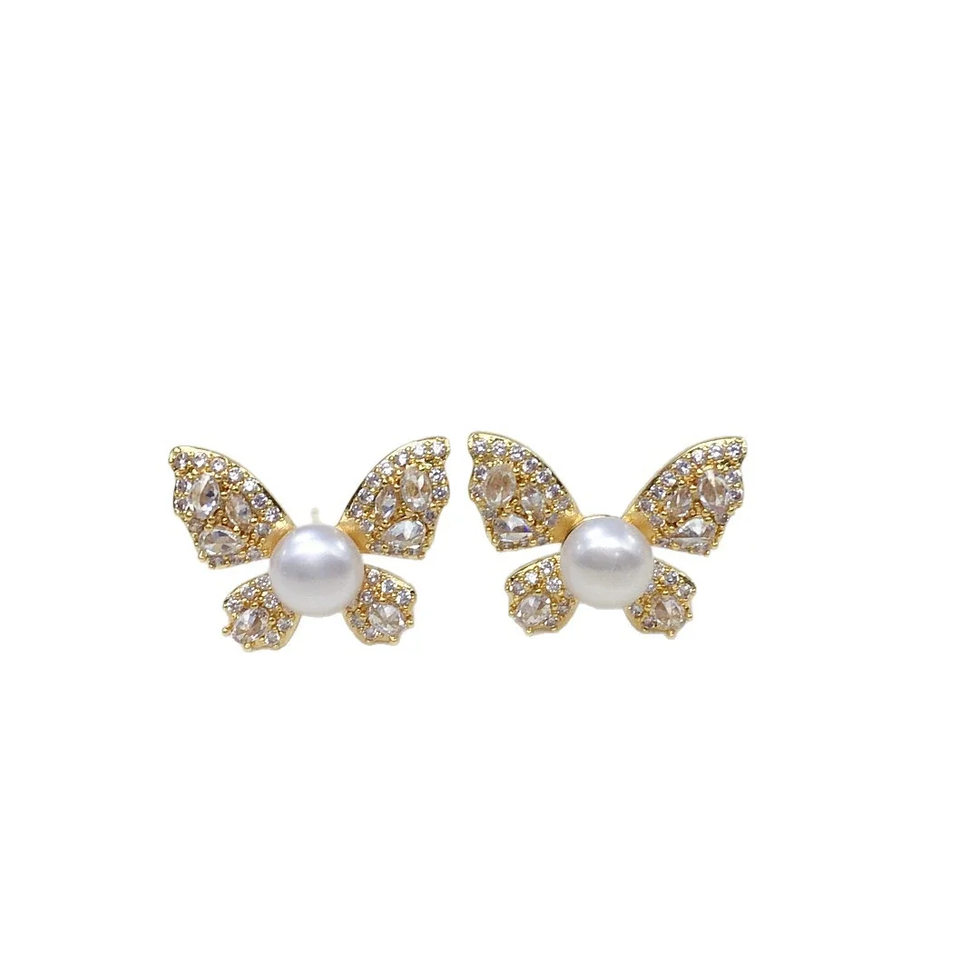 Luminous Butterfly Freshwater Pearl Pavé Stud Earrings