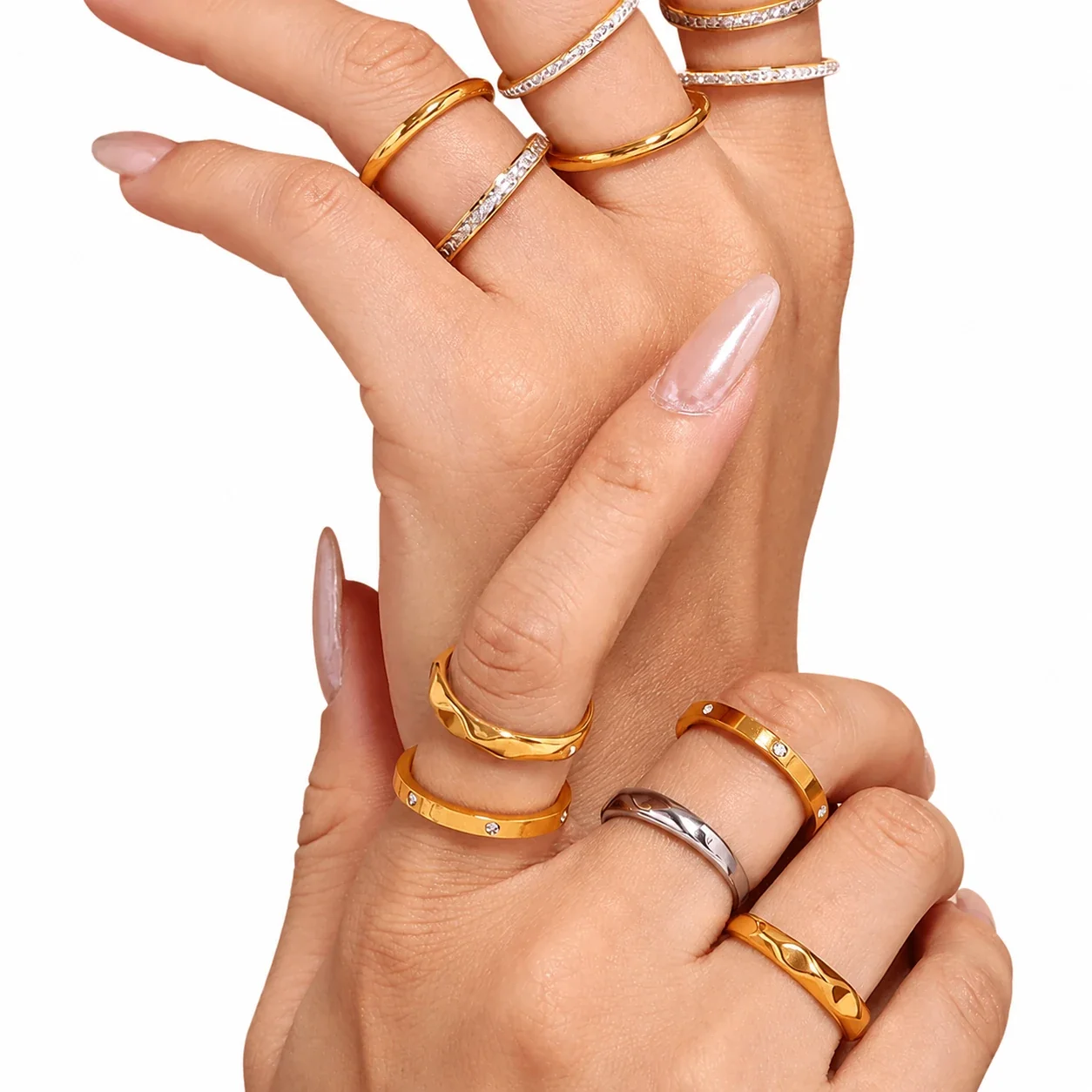 Sleek Gold-Plated Pavé Crystal Hammered Stainless Steel Ring