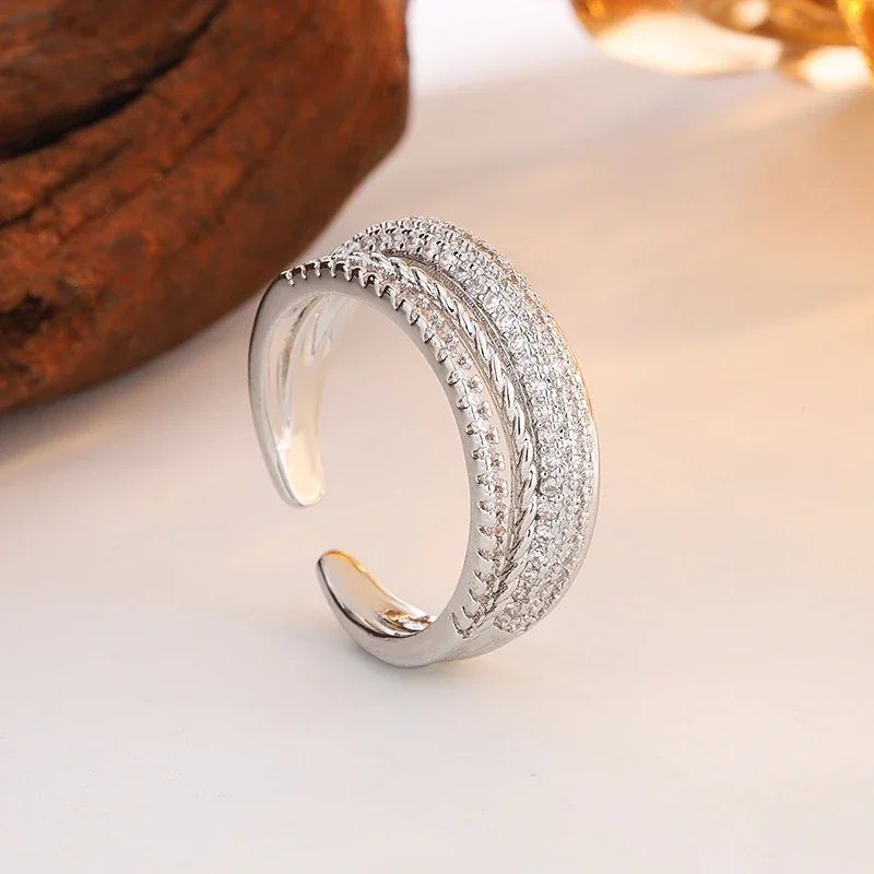 Sculptural Copper Pavé Rope Open Ring - Silver