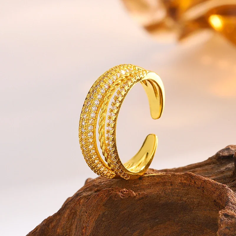 Sculptural Copper Pavé Rope Open Ring - Gold