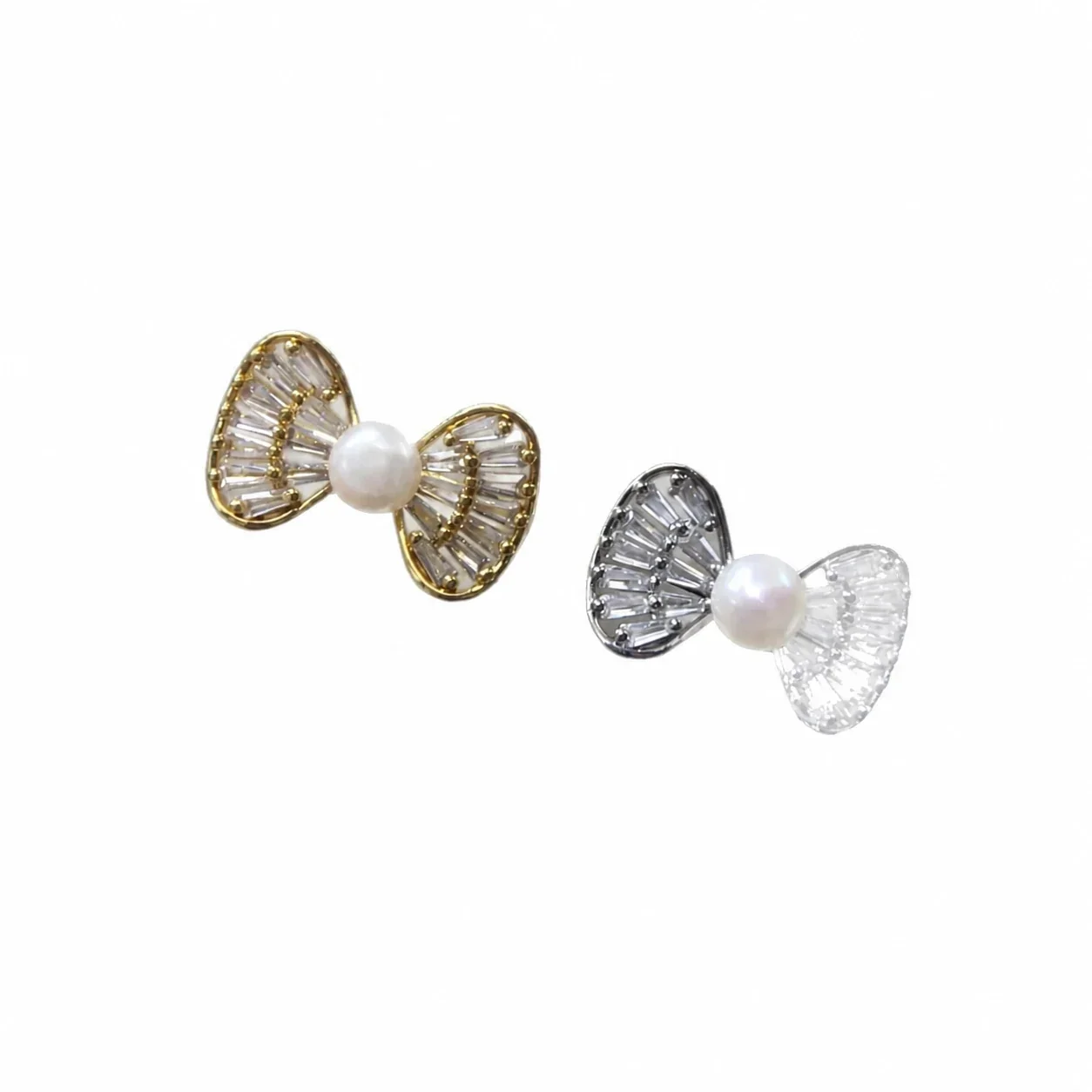 Airy Silver-Plated Bow Baguette CZ Freshwater Pearl Ring