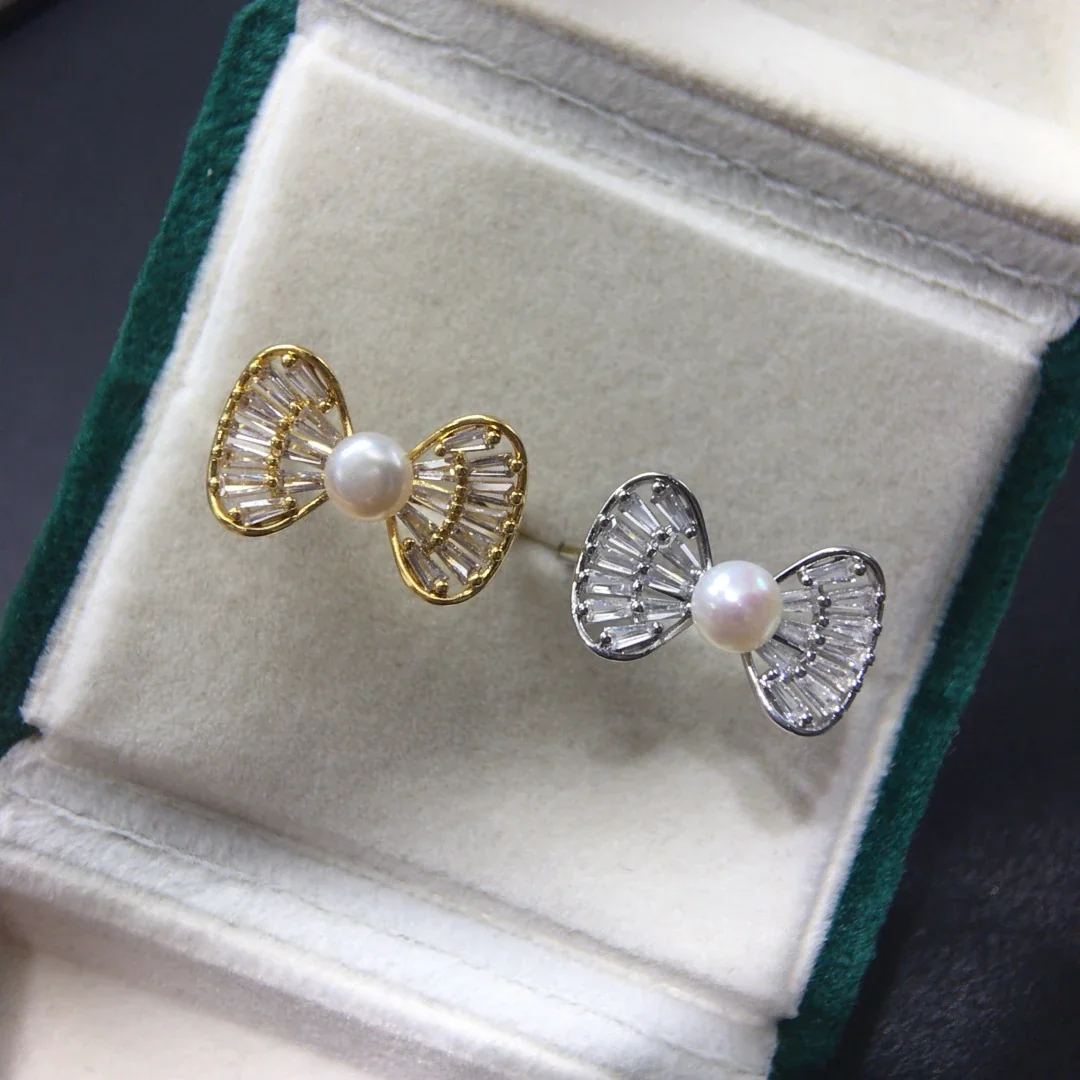 Airy Silver-Plated Bow Baguette CZ Freshwater Pearl Ring