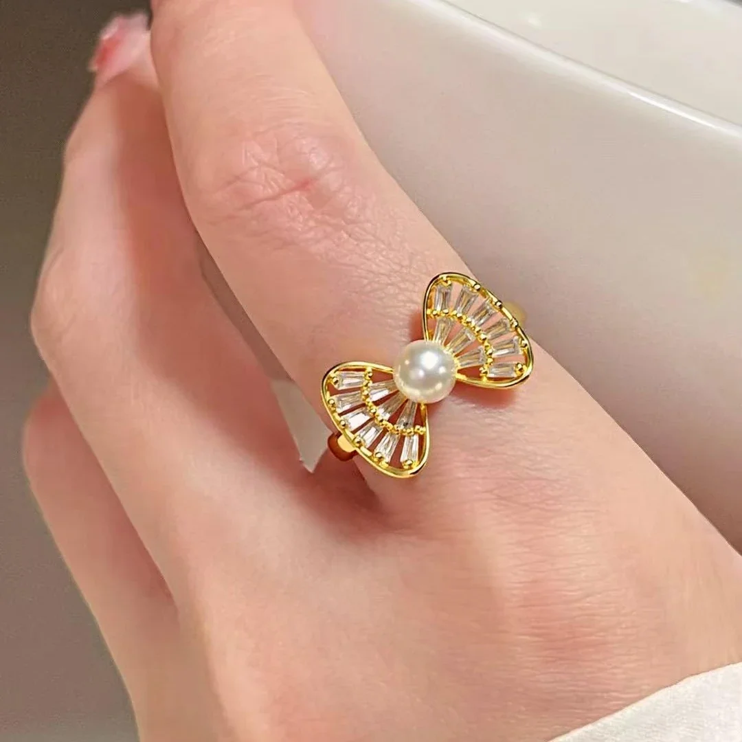 Airy Silver-Plated Bow Baguette CZ Freshwater Pearl Ring