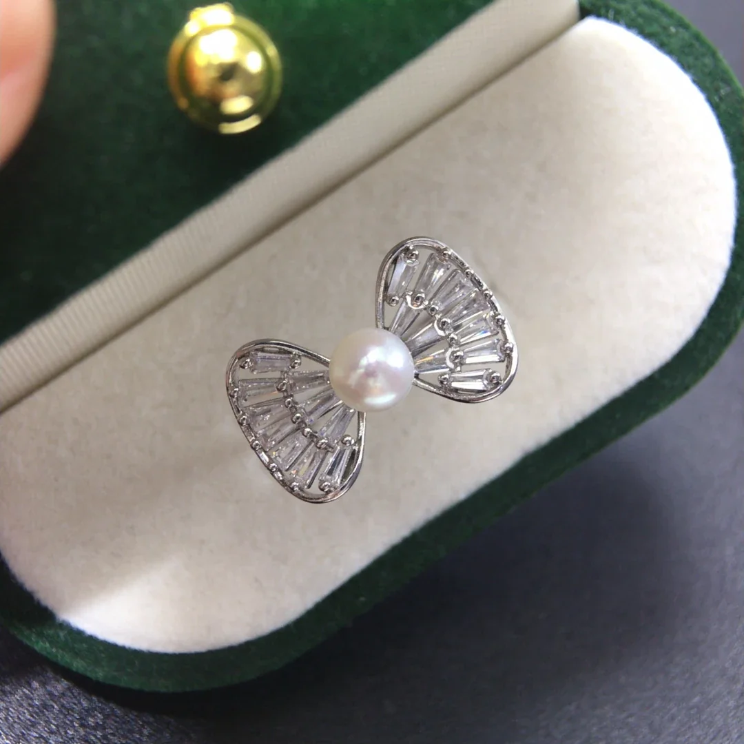 Airy Silver-Plated Bow Baguette CZ Freshwater Pearl Ring - Silver