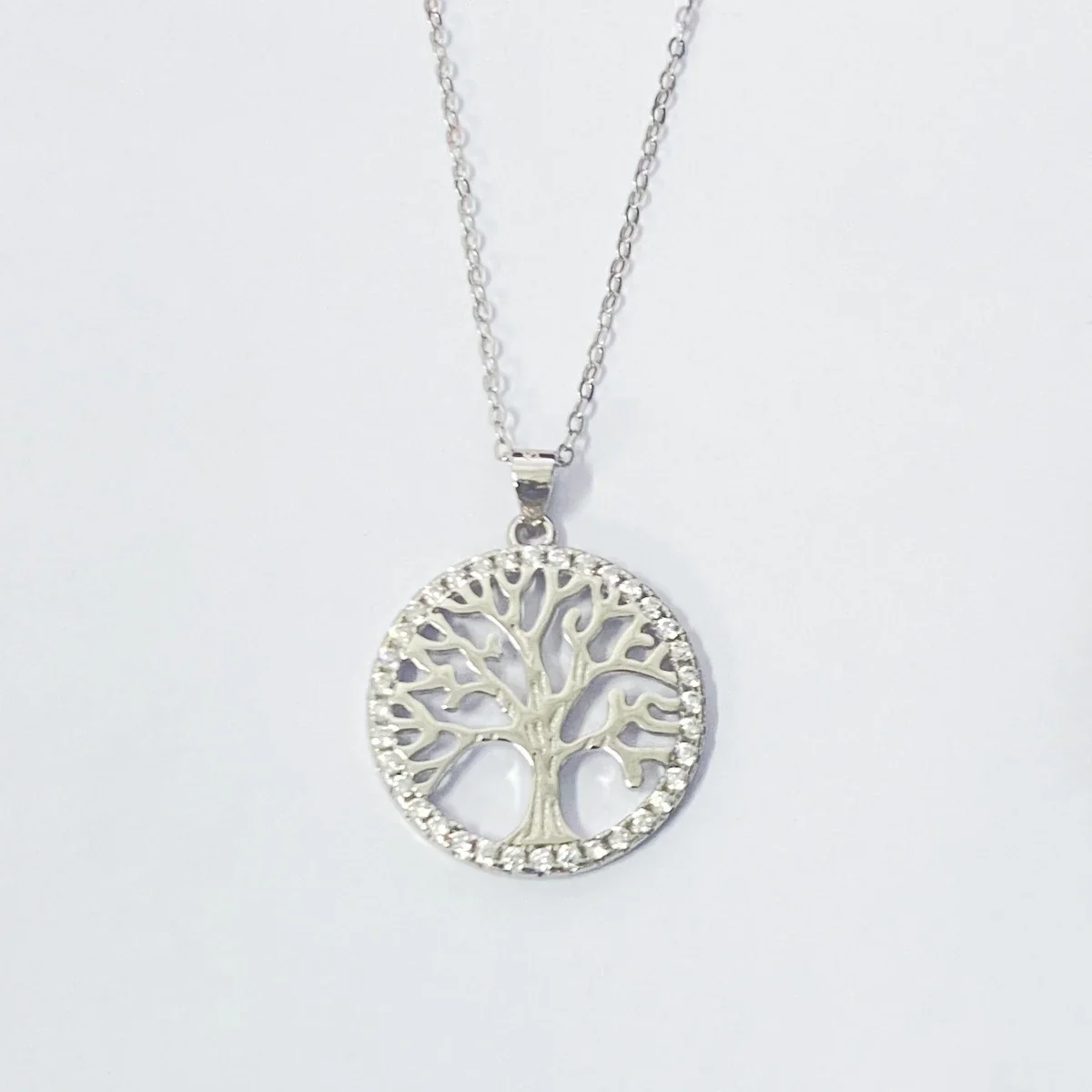 Radiant 925 Sterling Silver Tree-of-Life Stone Halo Pendant Necklace