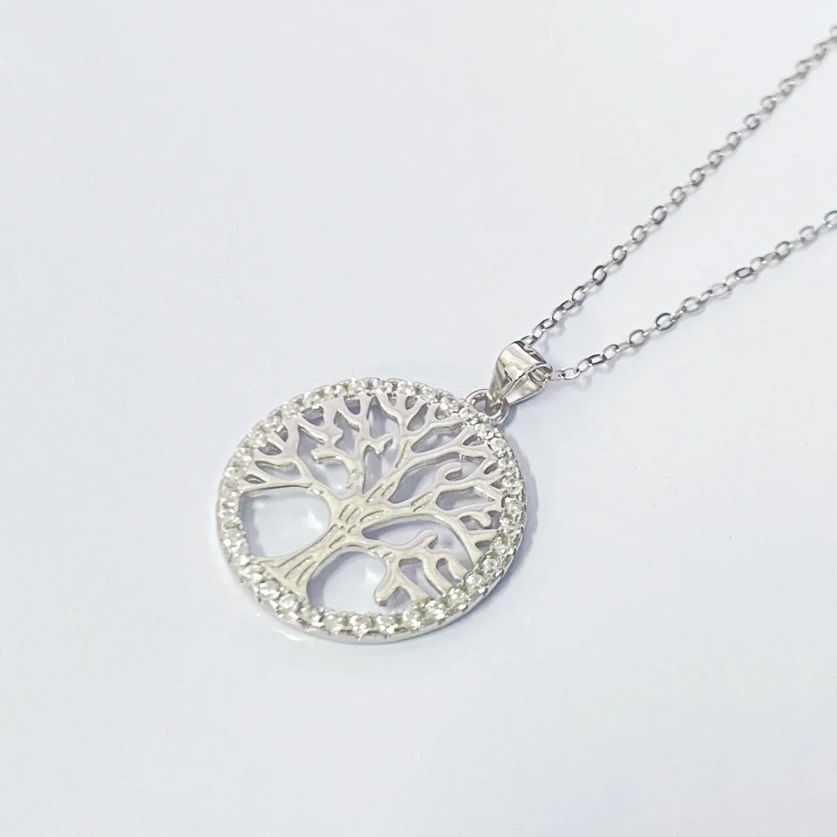 Radiant 925 Sterling Silver Tree-of-Life Crystal Halo Pendant Necklace