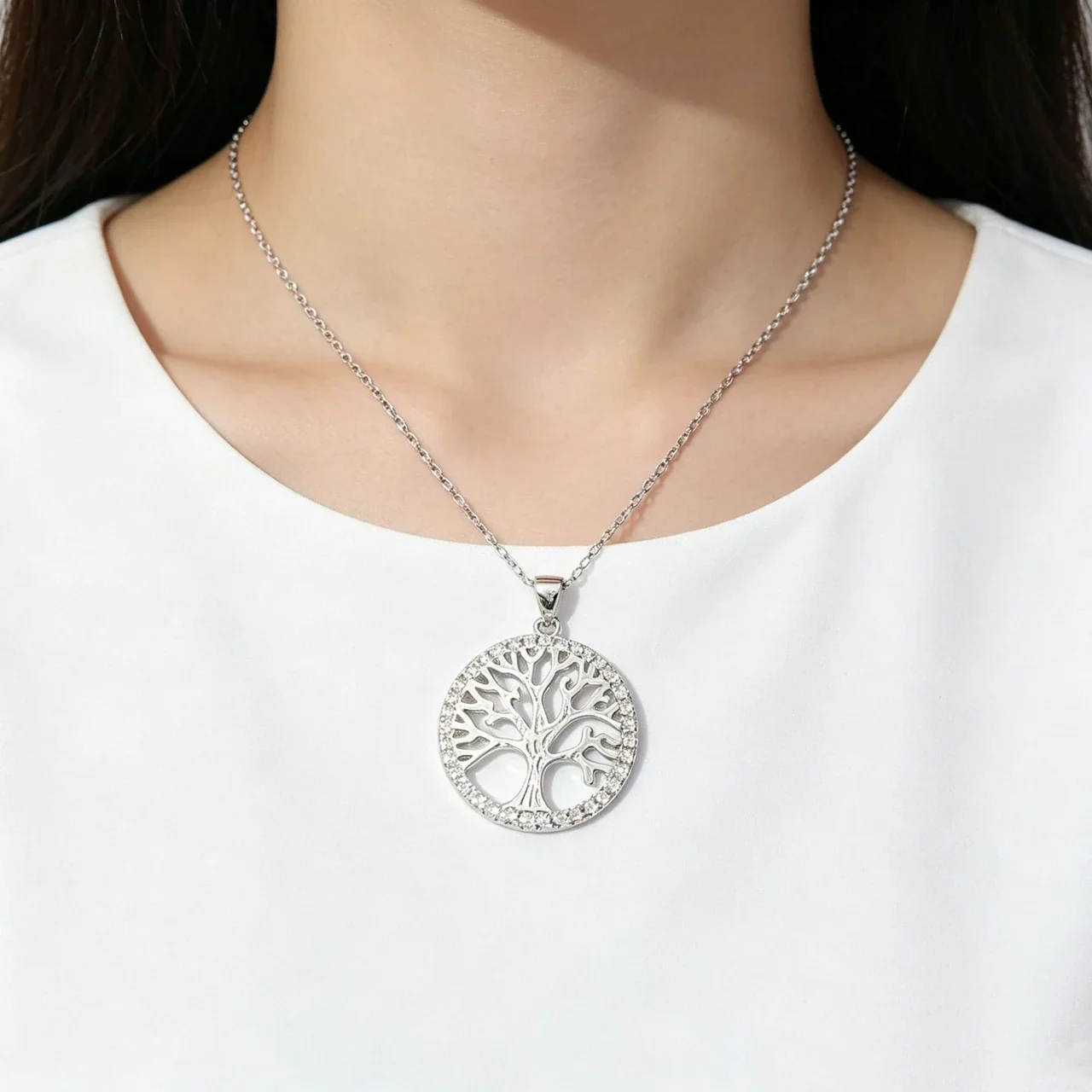 Radiant 925 Sterling Silver Tree-of-Life Crystal Halo Pendant Necklace