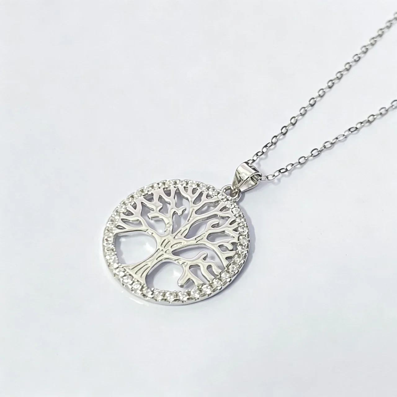 Radiant 925 Sterling Silver Tree-of-Life Crystal Halo Pendant Necklace