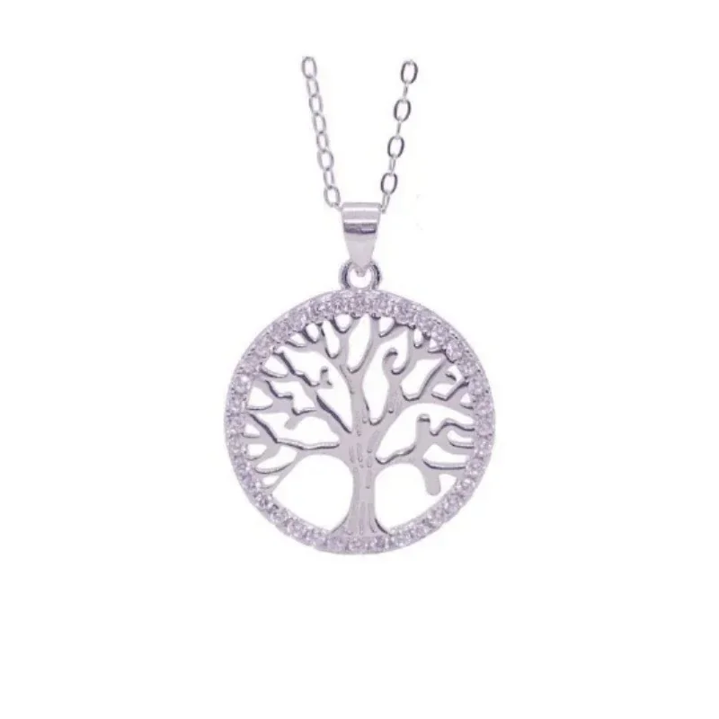 Radiant 925 Sterling Silver Tree-of-Life Crystal Halo Pendant Necklace