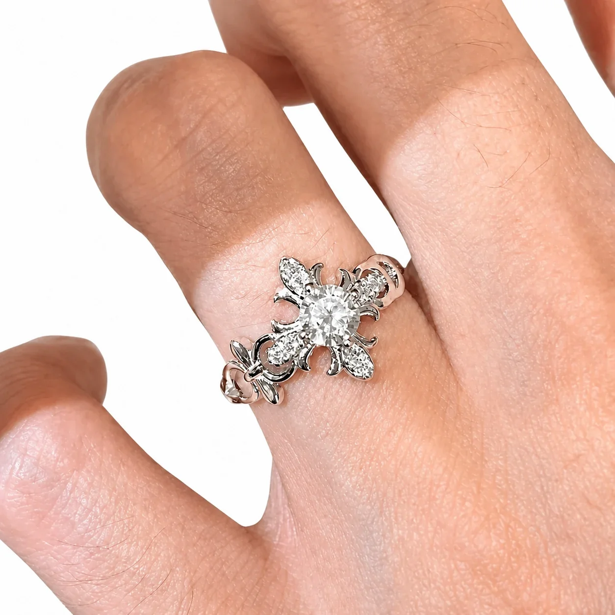 Ornate Fleur-de-Lis Round CZ Silver-Plated Copper Ring