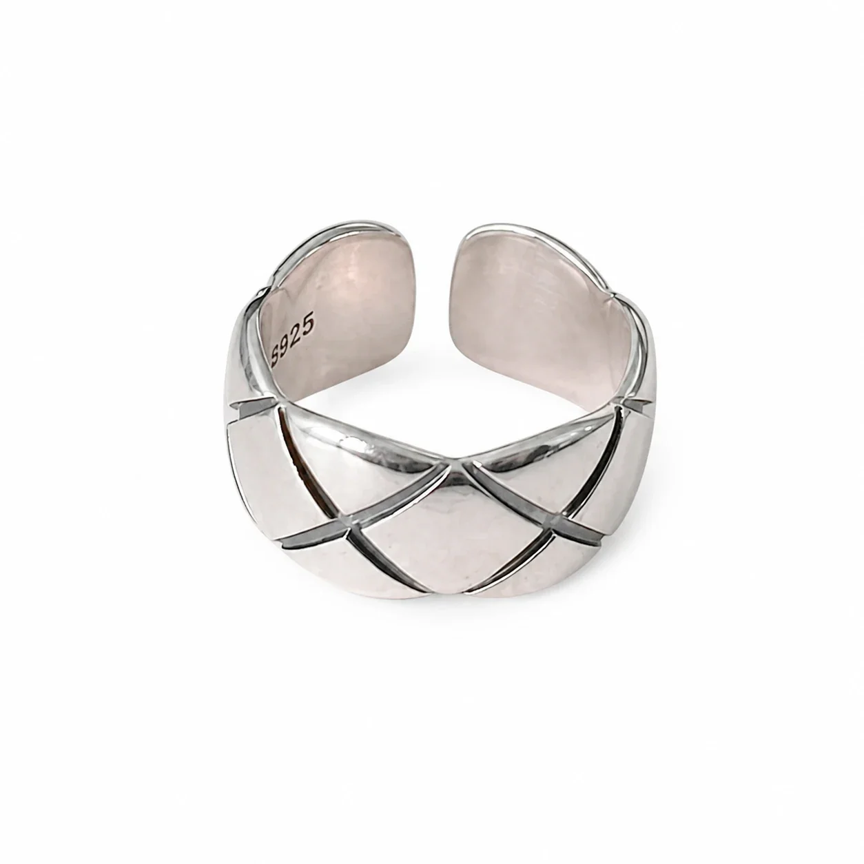 Polished Diamond-Grid Open 925 Sterling Silver Ring