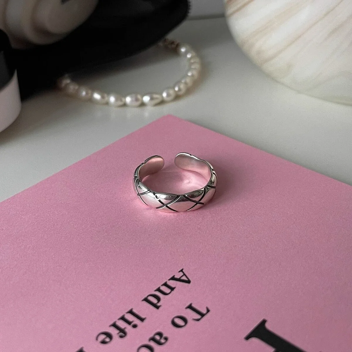 Polished Diamond-Grid Open 925 Sterling Silver Ring