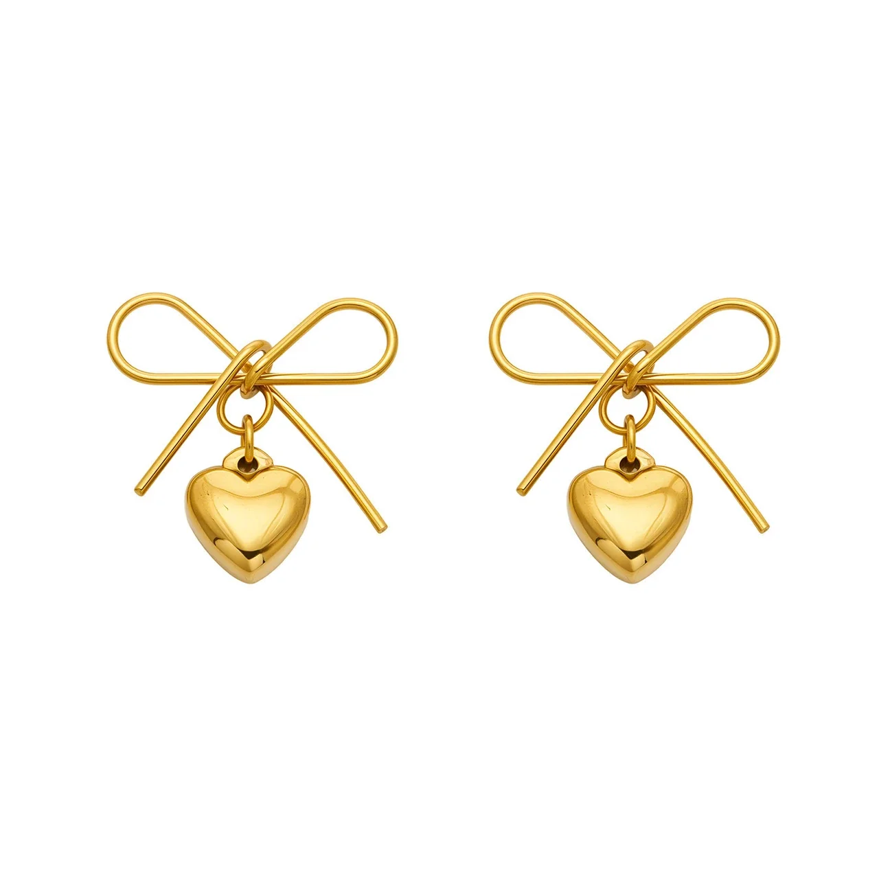 Playful Bow Knot Heart Charm Stainless Steel Earrings