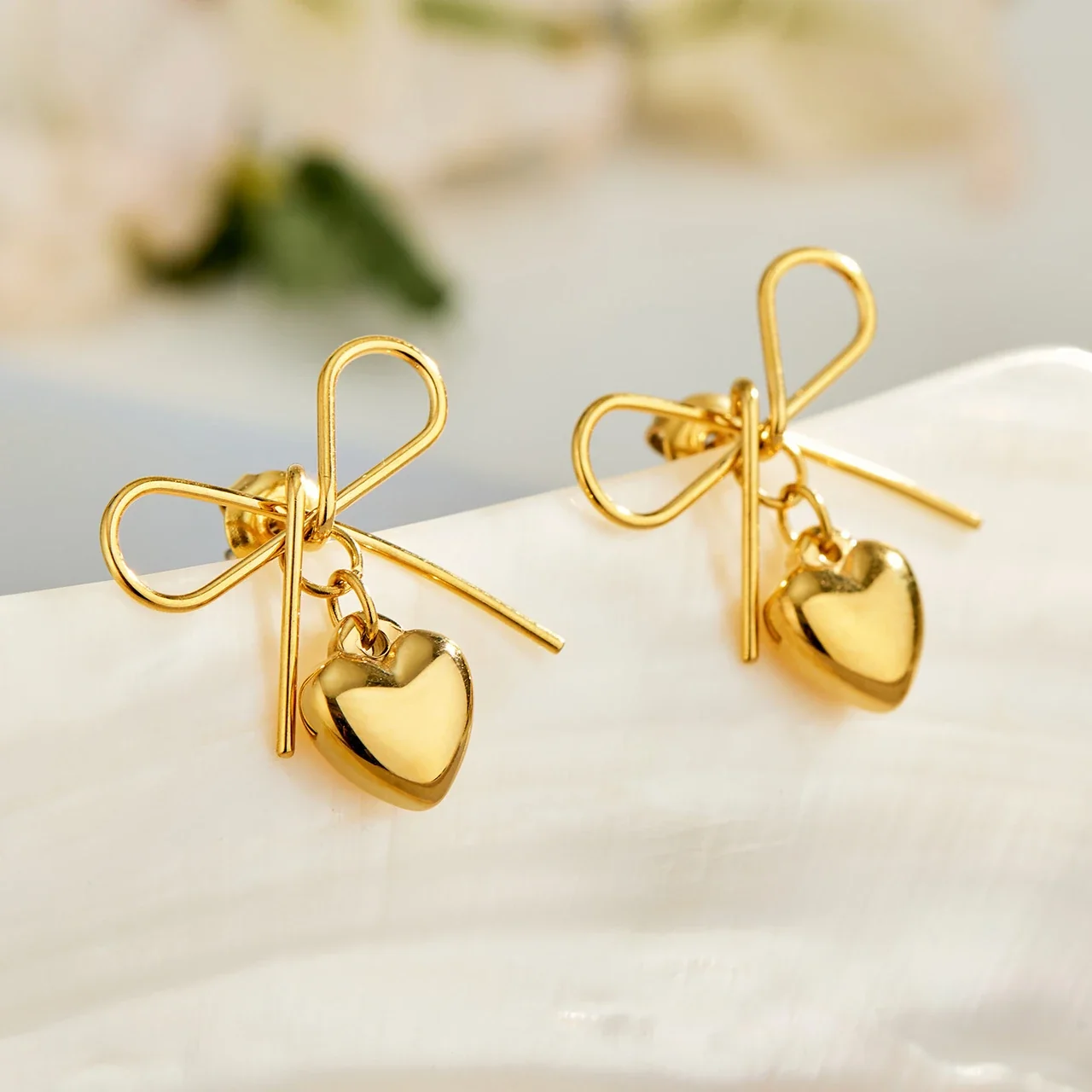 Playful Bow Knot Heart Charm Stainless Steel Earrings