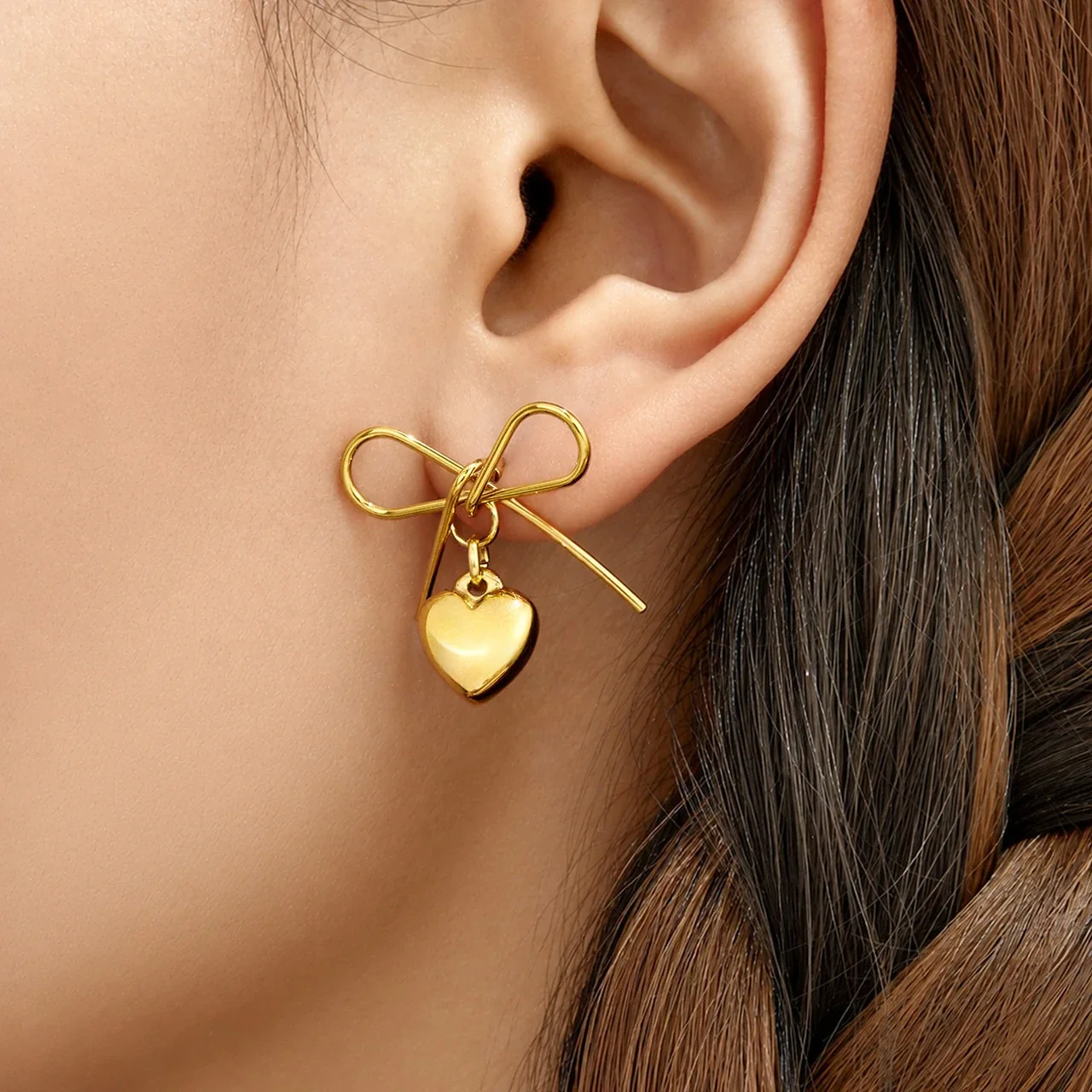 Playful Bow Knot Heart Charm Stainless Steel Earrings