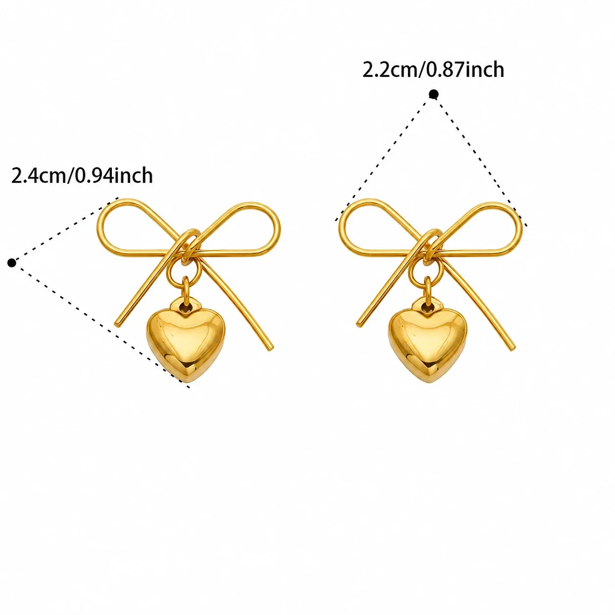 Playful Bow Knot Heart Charm Stainless Steel Earrings - Gold