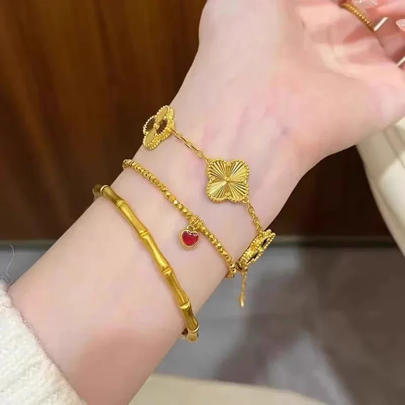 Radiant Gold-Plated Five Clover Fluted Copper Bracelet