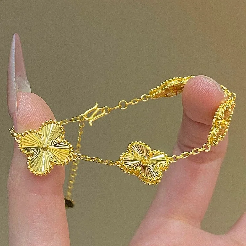 Radiant Gold-Plated Five Clover Fluted Copper Bracelet