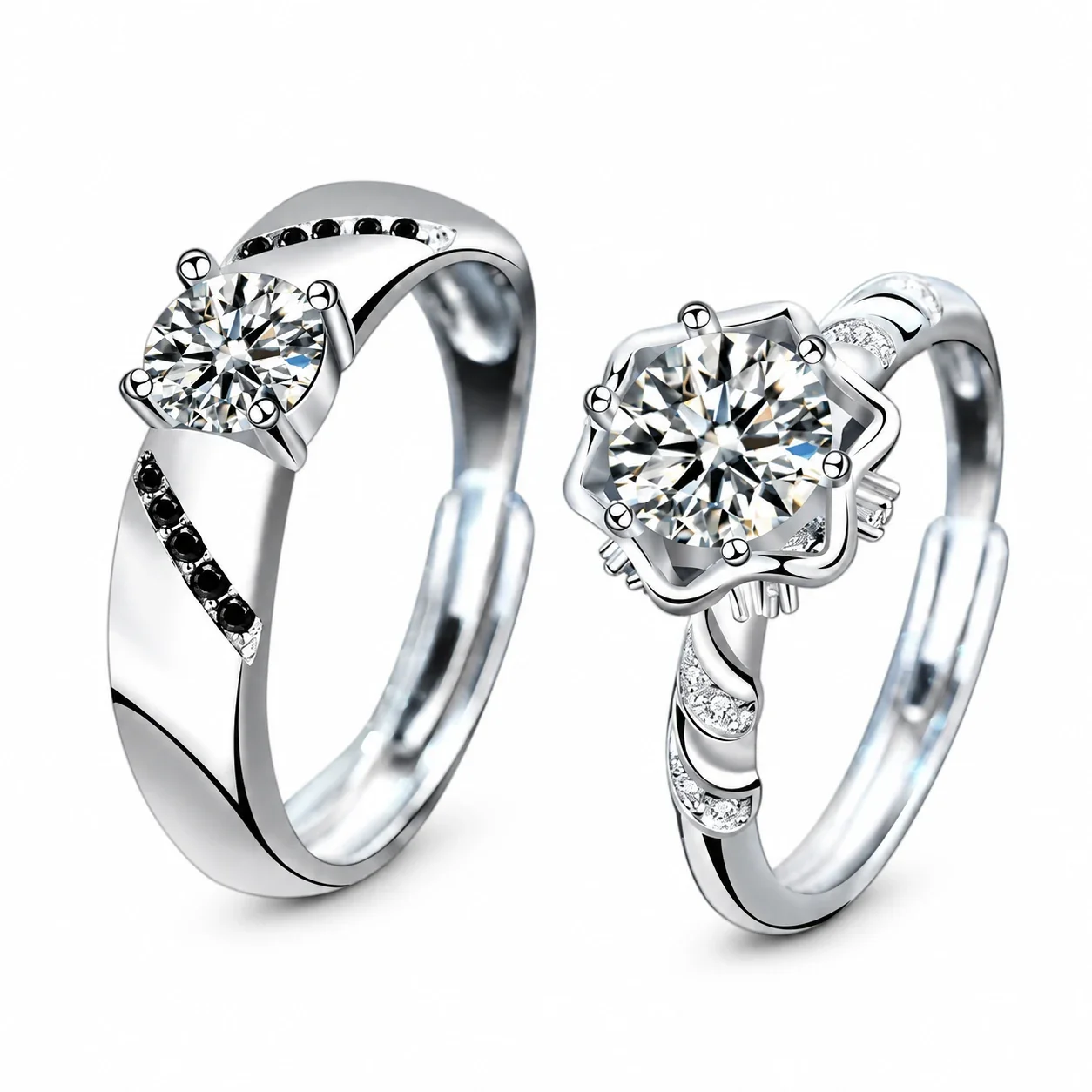Sculptural 925 Sterling Silver Round Moissanite Couple Rings