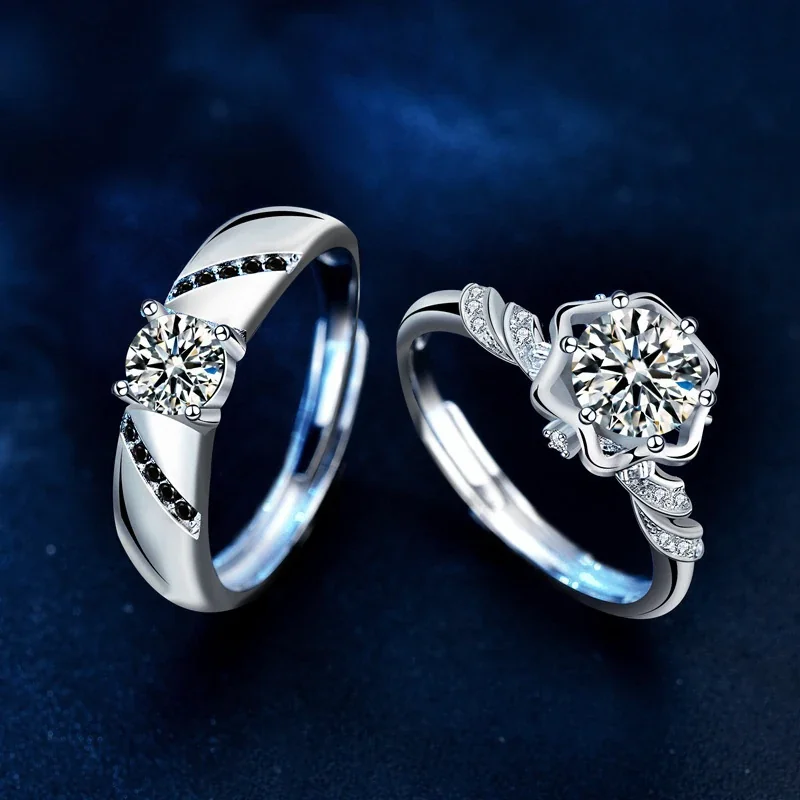 Sculptural 925 Sterling Silver Round Moissanite Couple Rings
