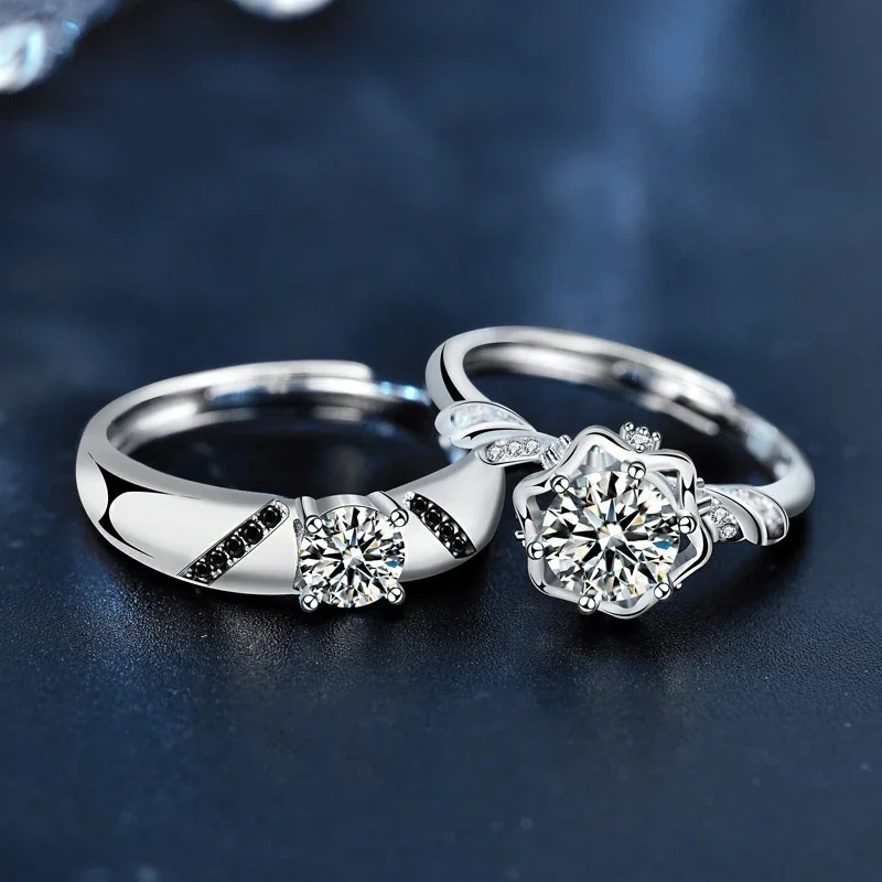 Sculptural 925 Sterling Silver Round Moissanite Couple Rings