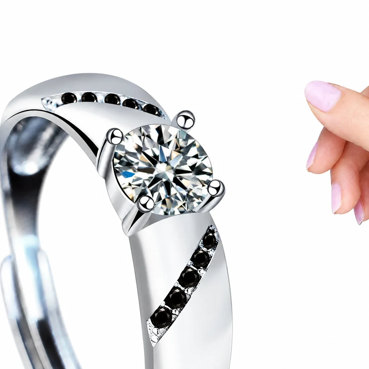 Sculptural 925 Sterling Silver Round Moissanite Couple Rings