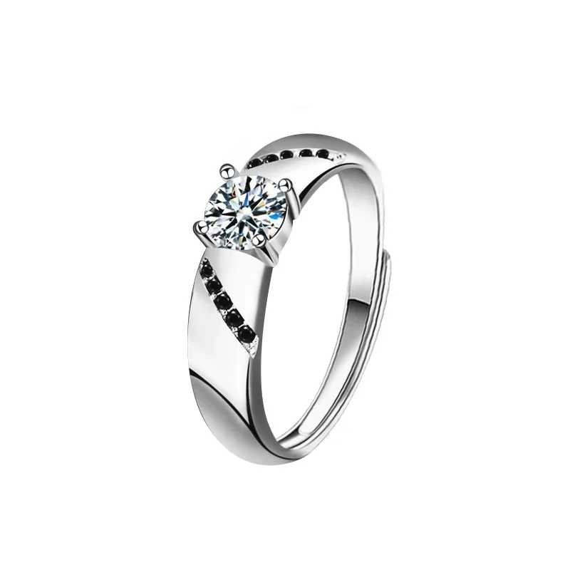 Sculptural 925 Sterling Silver Round Moissanite Couple Rings - Men's Original - Silver