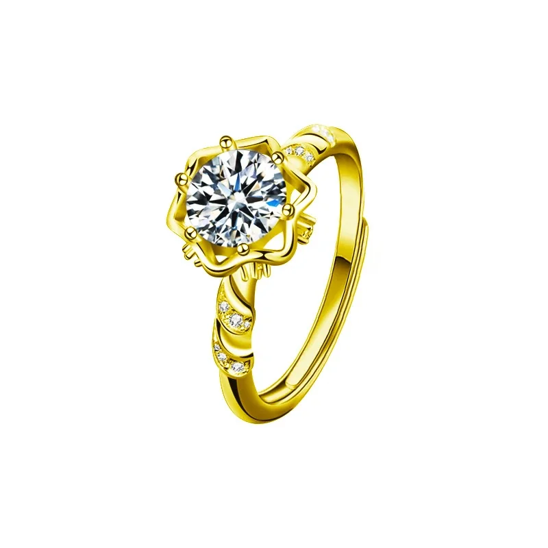 Sculptural 925 Sterling Silver Round Moissanite Couple Rings - Women's - Gold