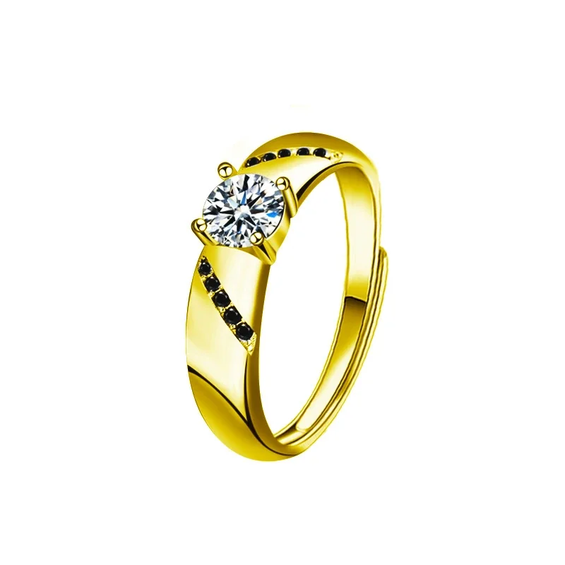 Sculptural 925 Sterling Silver Round Moissanite Couple Rings - Men's Original - Gold