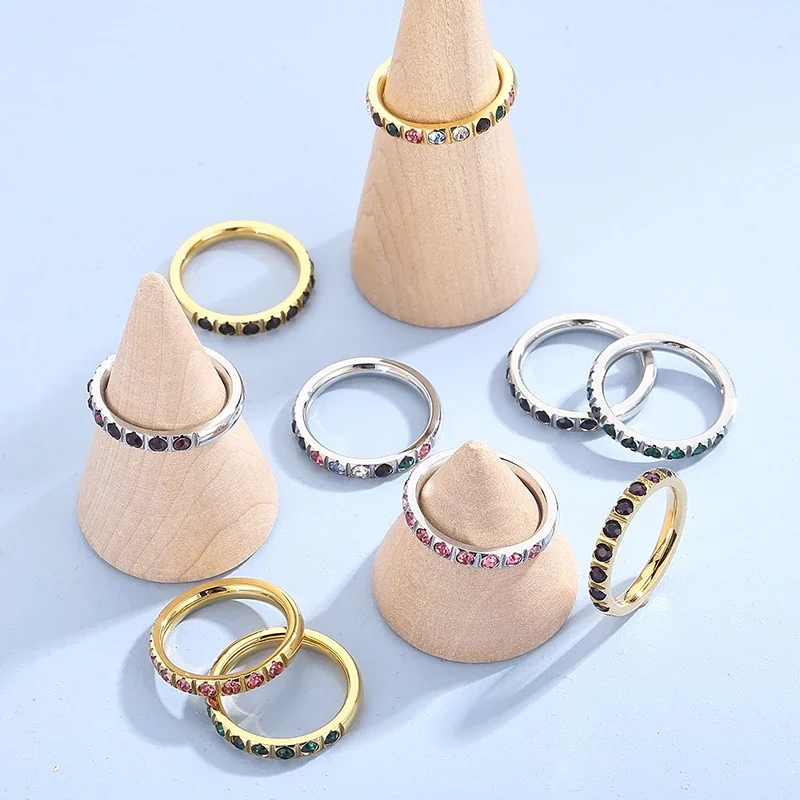Polished Stainless Steel Slim Round-Stone Stacking Ring