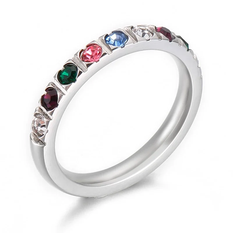 Polished Stainless Steel Slim Round-Stone Stacking Ring - Mixed