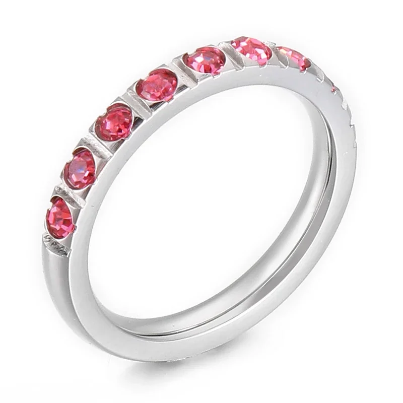Polished Stainless Steel Slim Round-Stone Stacking Ring - Silver Pink