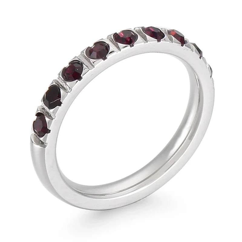 Polished Stainless Steel Slim Round-Stone Stacking Ring - Silver Purple