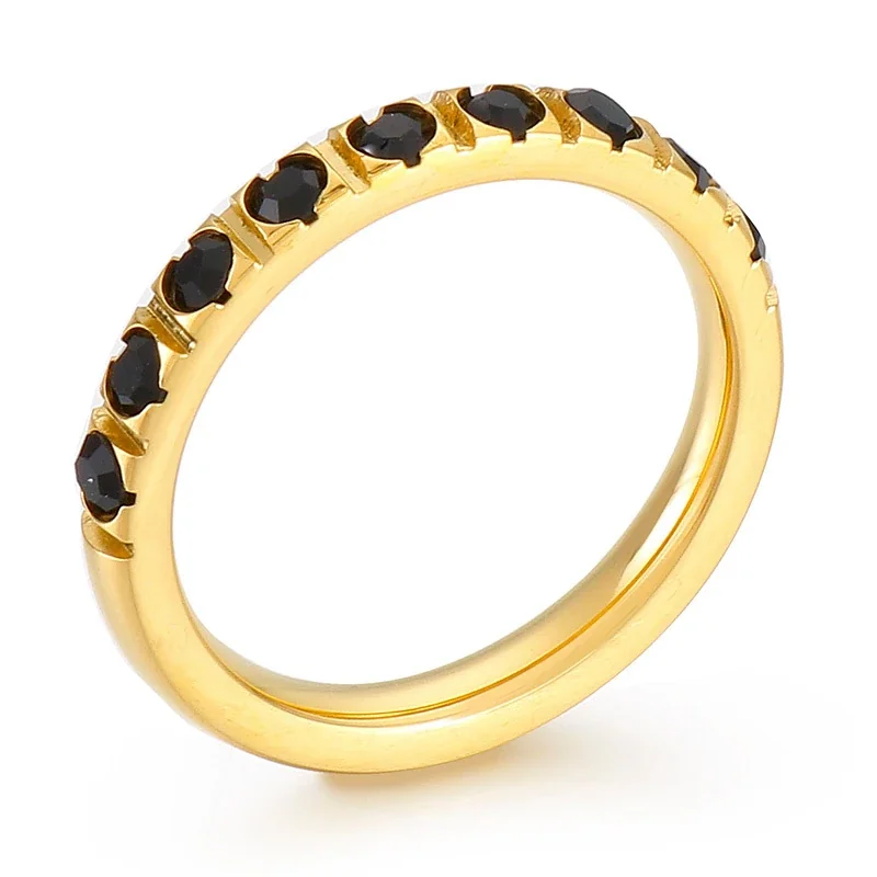 Polished Stainless Steel Slim Round-Stone Stacking Ring - Gold Black