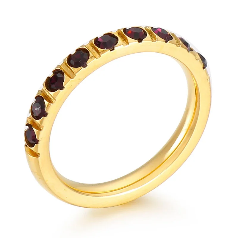 Polished Stainless Steel Slim Round-Stone Stacking Ring - Gold Purple