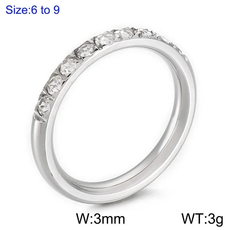Polished Stainless Steel Slim Round-Stone Stacking Ring - Silver Clear