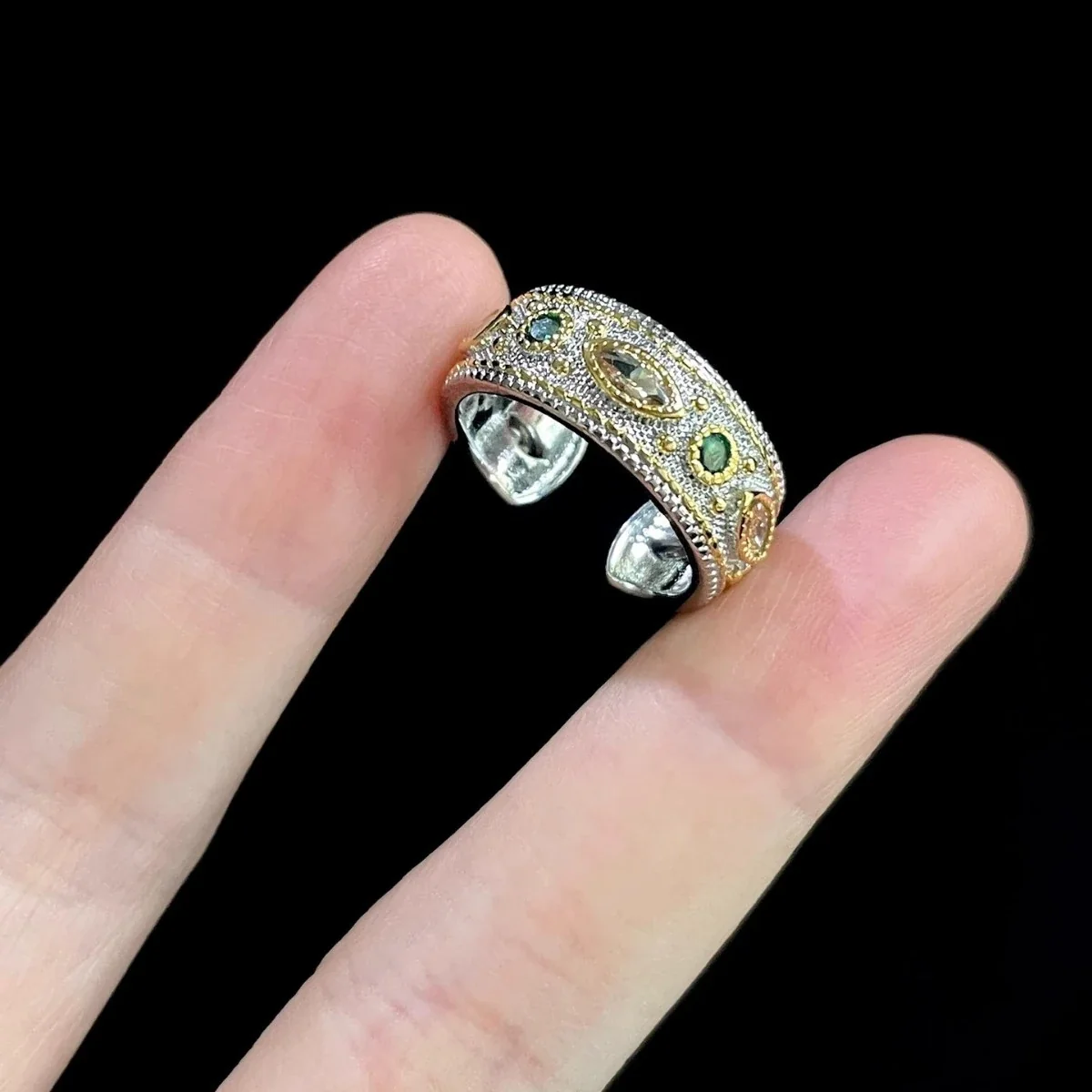 Ornate Marquise Green Crystal Copper Open Ring