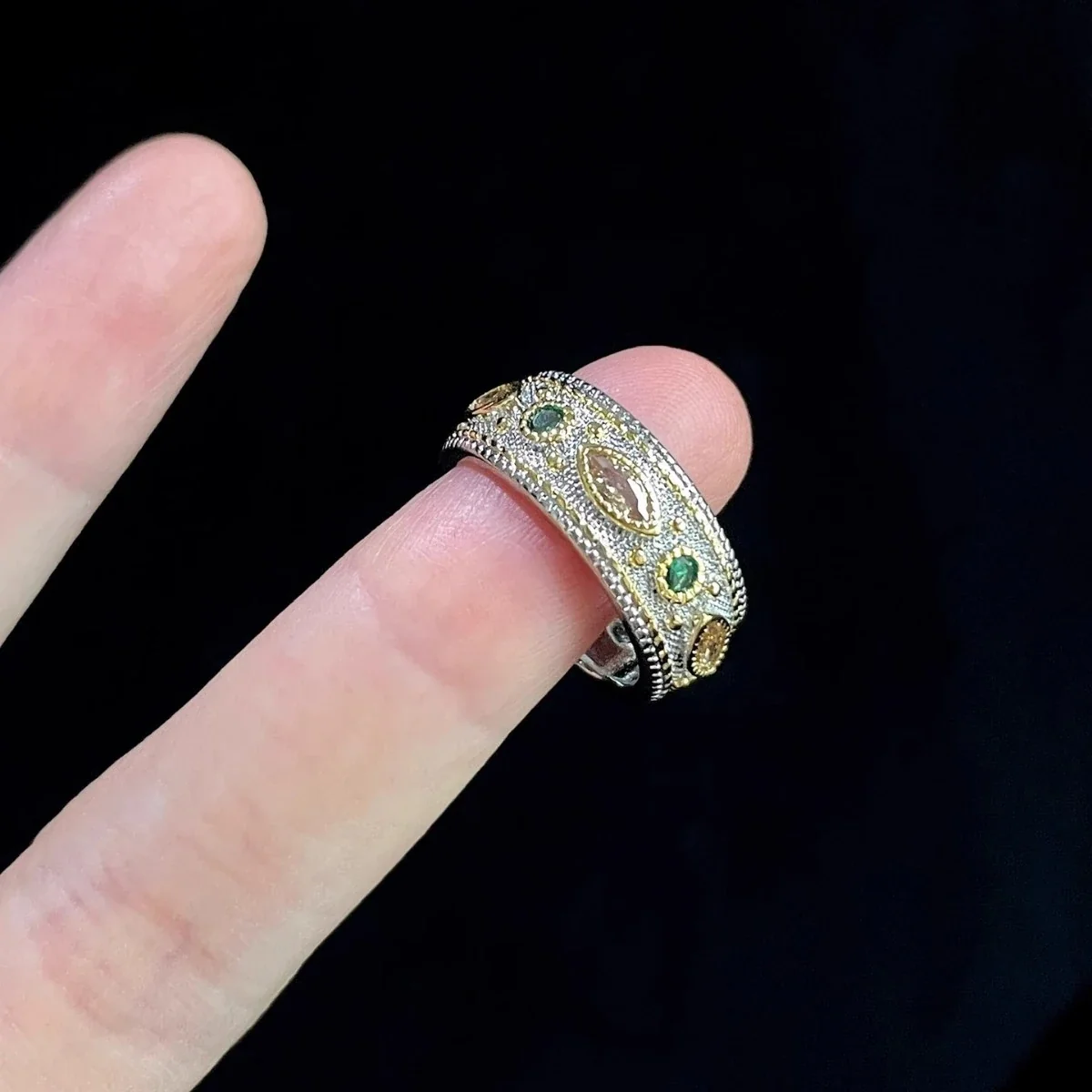 Ornate Marquise Green Crystal Copper Open Ring