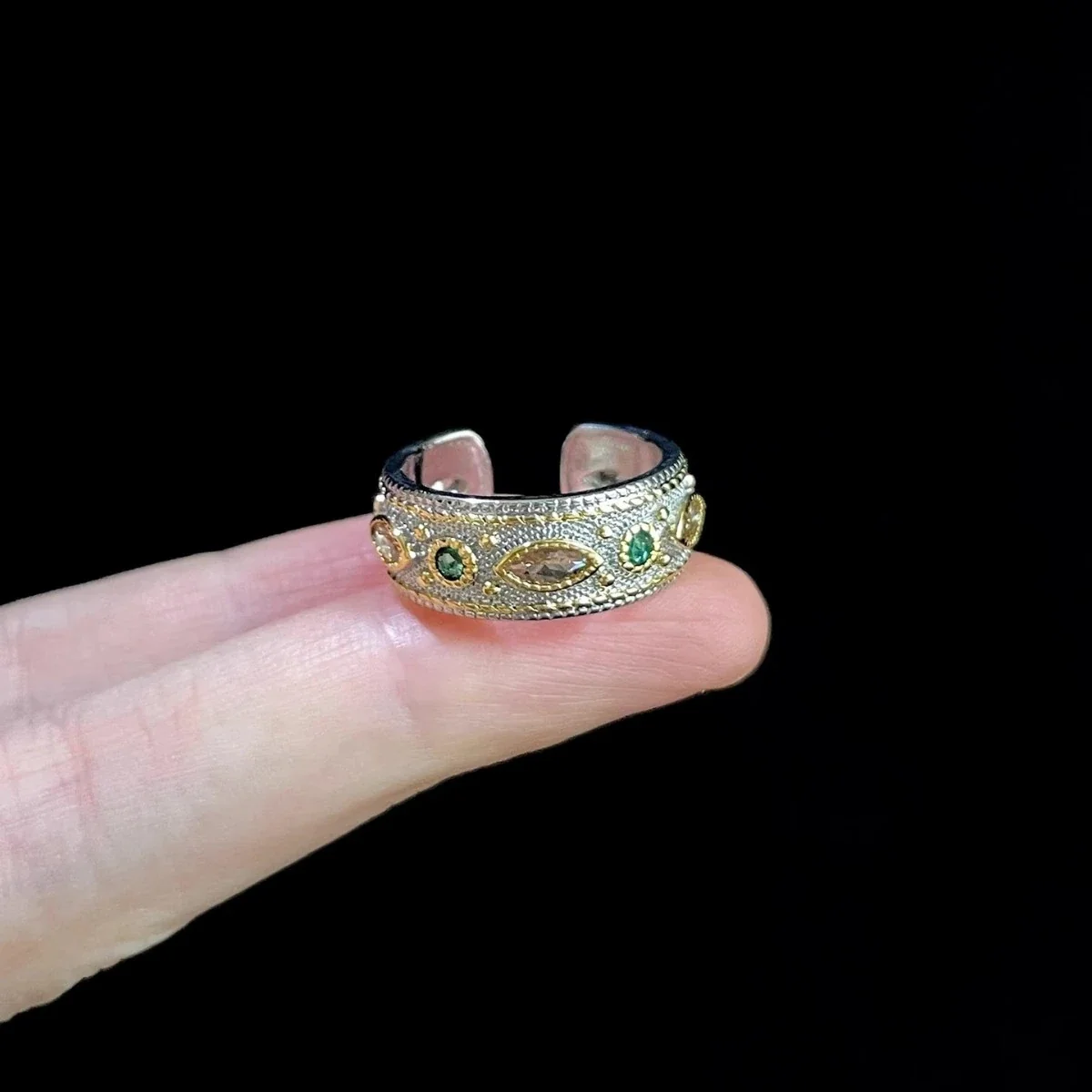 Ornate Marquise Green Crystal Copper Open Ring