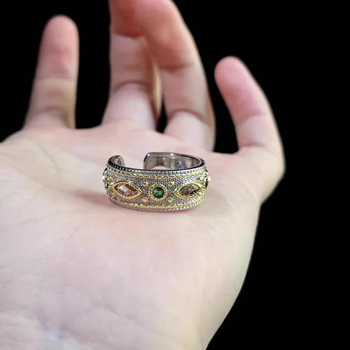 Ornate Marquise Green Crystal Copper Open Ring